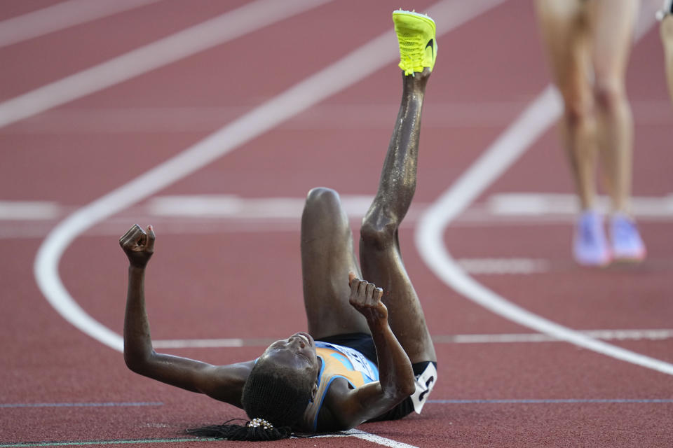 Norah Jeruto, of Kazakhstan, reacts after her win the women's 3000-meter steeplechase final at the World Athletics Championships on Wednesday, July 20, 2022, in Eugene, Ore. (AP Photo/Ashley Landis)