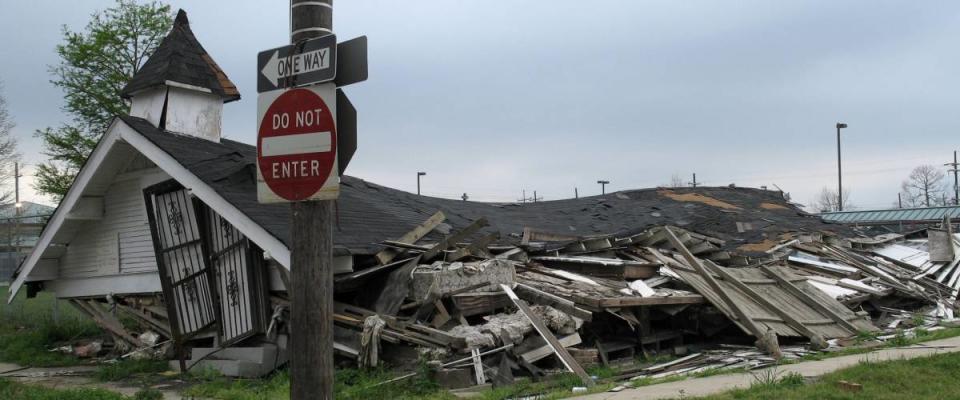 seven months post-Katrina, this collapsed church still sits in the deserted Lower Ninth Ward neighborhood of New Orleans