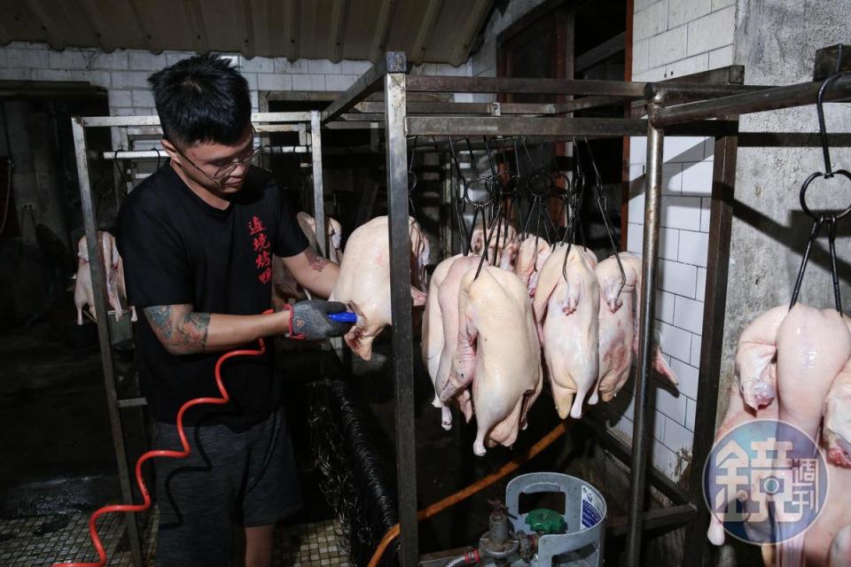 生鴨得灌氣讓皮肉分離，才能上皮水曬鴨，是烤出脆皮口感的關鍵。