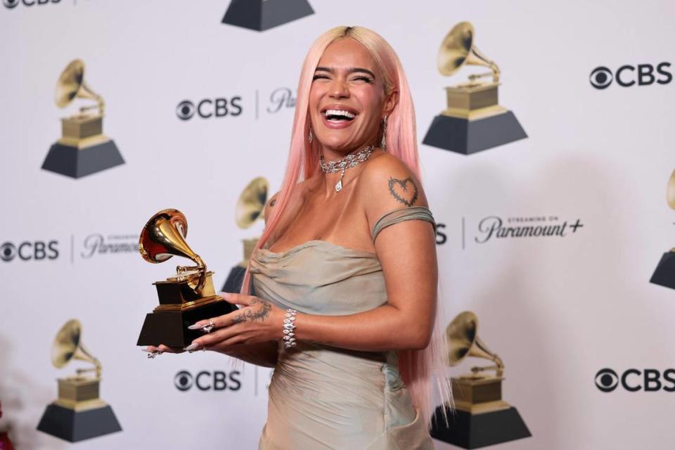 Karol G, winner of the “Best Musica Urbana” award for “Manaña Sera Bonito”, in the press room during the 66th annual Grammy Awards ceremony at Crypto.com Arena in Los Ángeles.