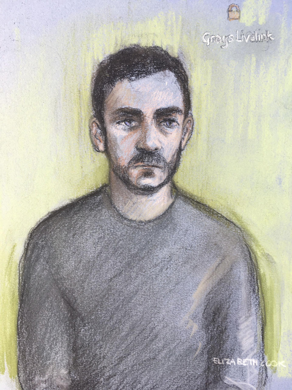 Court artist sketch by Elizabeth Cook shows lorry driver Maurice Robinson, 25, on a video-link at Chelmsford Magistrates' Court, England, Monday Oct. 28, 2019. Authorities found 39 people dead in a truck in an industrial park in England on Wednesday and arrested the driver on suspicion of murder in one of Britain's worst human-smuggling tragedies. (Elizabeth Cook/PA via AP)