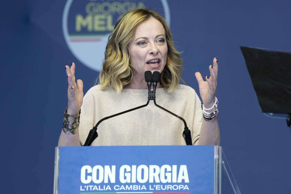 Italian Premier Giorgia Meloni delivers her speech during at an electoral rally ahead of the EU parliamentary elections that will take place in Italy on 8 and 9 June, in Rome, Saturday, June 1, 2024. (AP Photo/Alessandra Tarantino)