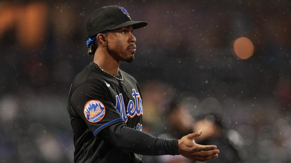 Apr 28, 2023;  New York City, New York, USA;  New York Mets shortstop Francisco Lindor (12) looks out after the top of the second inning against the Atlanta Braves at Citi Field.