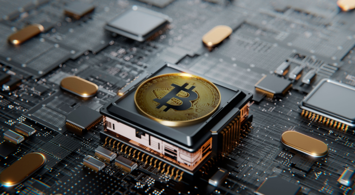 Bitcoin over a microprocessor in a motherboard. With copy space and selective focusing. 3d render banner illustration. Concept for crypto currency, mining, technology, investment, finance, crypto mining stocks