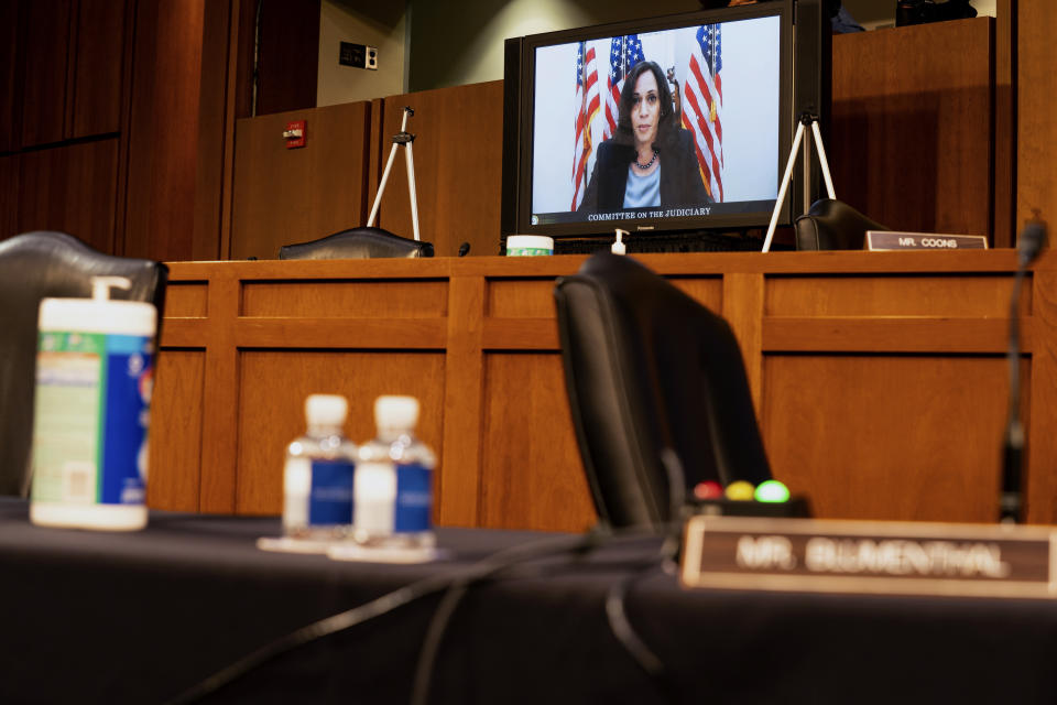 Democratic vice presidential candidate Sen. Kamala Harris, D-Calif., speaks virtually during the confirmation hearing for Supreme Court nominee Amy Coney Barrett, before the Senate Judiciary Committee, Wednesday, Oct. 14, 2020, on Capitol Hill in Washington. (Anna Moneymaker/The New York Times via AP, Pool)