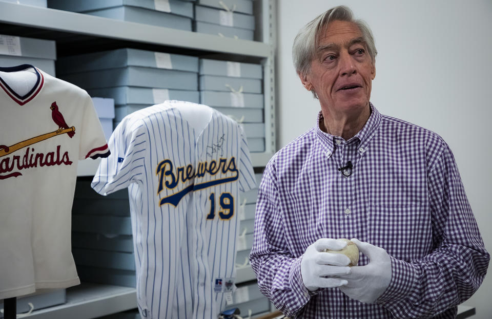 In this image provided by National Baseball Hall of Fame and Museum, Ted Simmons tours the Hall of Fame, Thursday Feb. 27, 2020, in Cooperstown, N.Y. Simmons, a catcher who played for the Cardinals, Brewers and Braves for 21 seasons, was elected to the Hall of Fame by the Modern Baseball Era Committee as part of the Class of 2020. He will be inducted in July. (Milo Stewart, Jr./National Baseball Hall of Fame and Museum via AP)