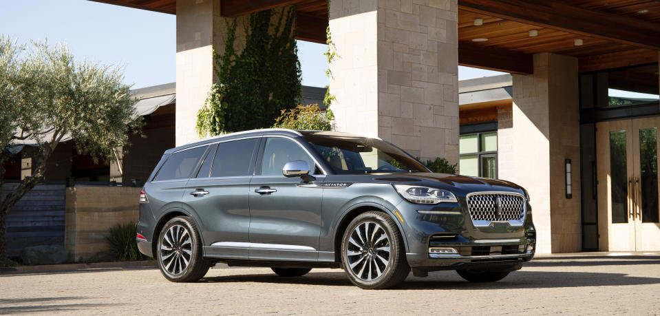 This photo provided by Ford Motor Co. shows the 2023 Lincoln Aviator, a three-row luxury midsize SUV available with massaging front seats, rear window sunshades and a 28-speaker audio system. (Courtesy of Ford Motor Co. via AP)