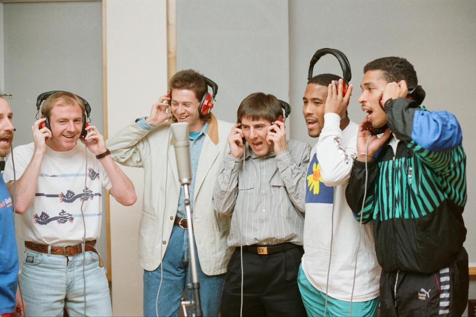 Express yourself: Members of England’s 1990 World Cup squad record vocals for New Order’s World In Motion (Getty Images)