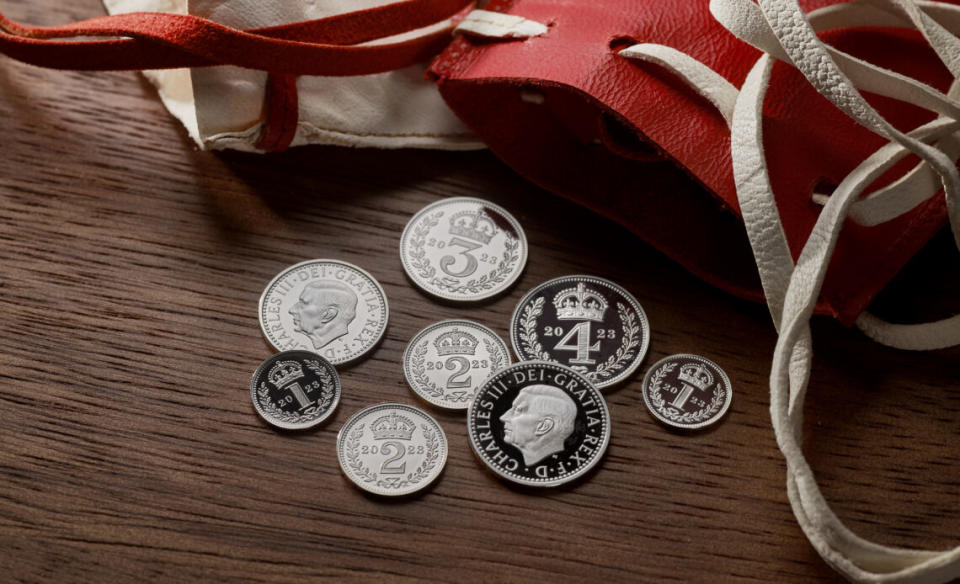 Maundy money coins for King Charles III's first Maundy Thursday ceremony in 2023.

https://twitter.com/RoyalMintUK/status/1643908907482460160/photo/1 