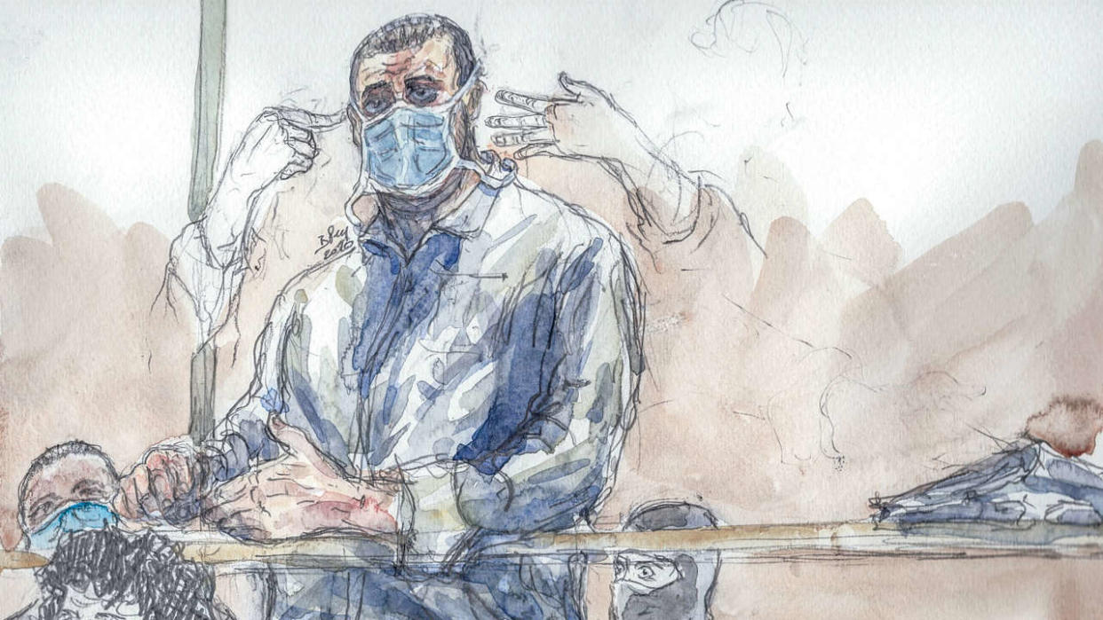 This court sketch created on October 26, 2020, shows Ali Riza Polat, who is believed to have been the right-hand man of Amedy Coulibaly, who killed a police officer in January 2015 and the next day shot dead four people at a Jewish supermarket, and his lawyer Isabelle Coutant-Peyre (L) at Paris' courthouse during the trial of 14 people suspected of being accomplices in the Charlie Hebdo and Hyper Cacher jihadist killings. - The main suspect in the trial of alleged accomplices in the 2015 Paris terror attacks caused an uproar in court on October 23, 2020, when he threatened a policewoman during her testimony. 