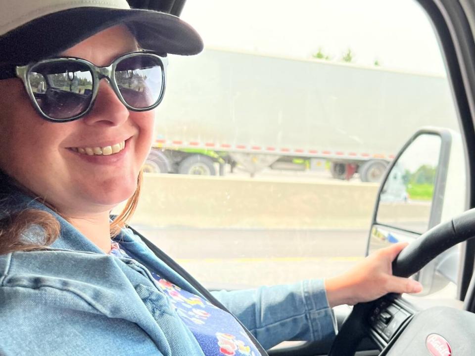 Leah Gorham driving her rig to Windsor, Ont., 20 months after quitting her job as an LPN at the Saint John Regional Hospital. (Submitted by Leah Gorham - image credit)