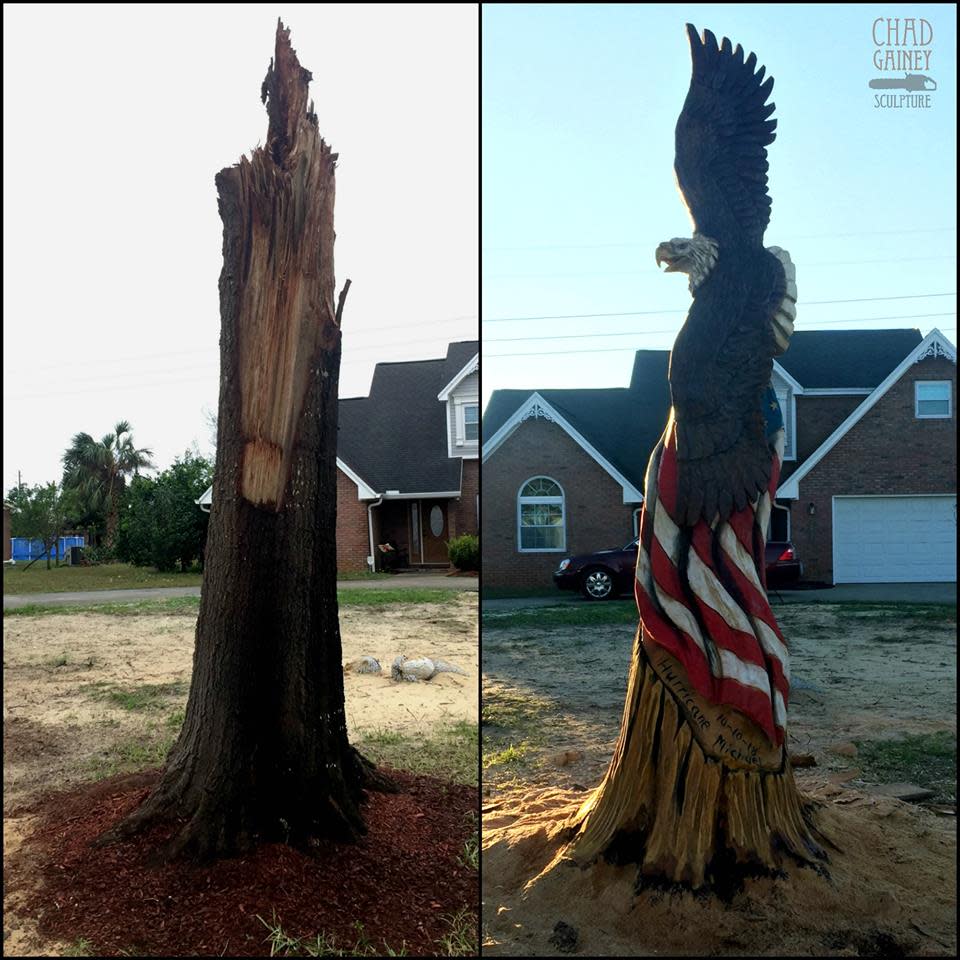 Un vecino de Panama, en Florida, contrata a un escultor local para que convierta su árbol destrozado tras el paso del huracán Michael en una obra de arte de lo más patriótica. (Foto: Perfil de Facebook de Chad Gainey)