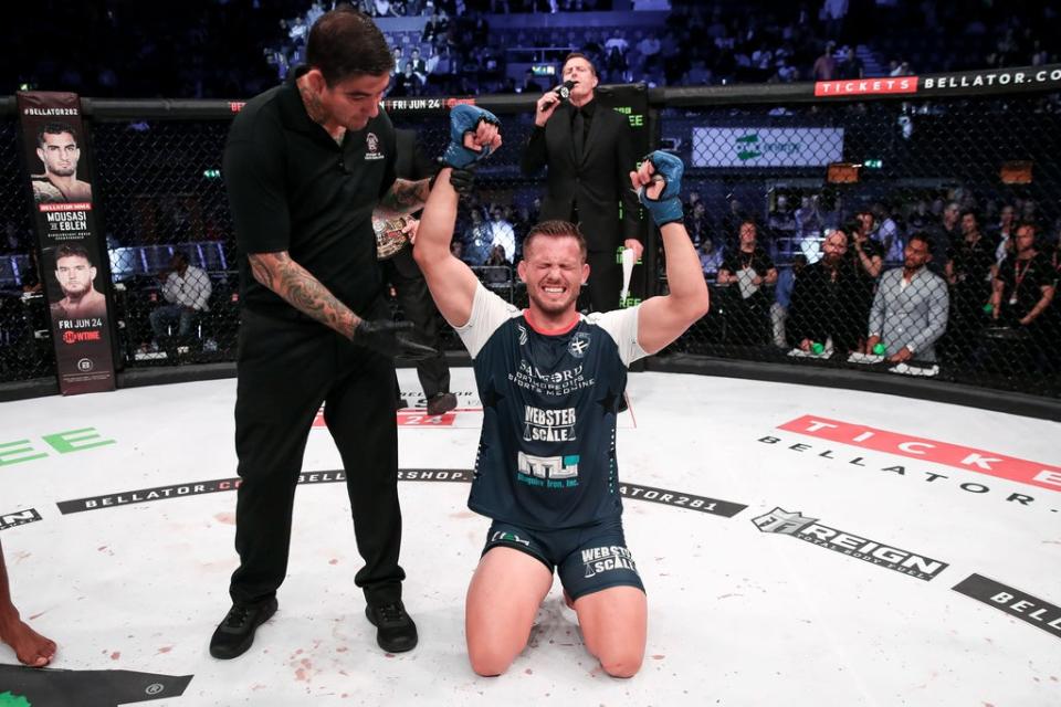 Storley celebrates his split-decision victory over Page in London (Lucas Noonan/BELLATOR MMA)