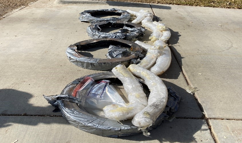 During a traffic stop Saturday morning, a DPS trooper stopped a 2011 Mazda CX90 on Interstate 40 near Vega for a traffic violation. The trooper then found multiple plastic-wrapped packages of suspected methamphetamine inside all four tires, amounting to nearly 70 pounds of drugs.