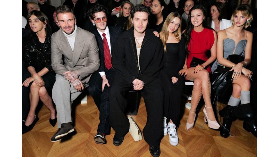 Davdi Beckham, Cruz Beckham, Brooklyn Beckham, Harper Beckham, Nicola Peltz-Beckham and Mia Regan sat at Paris Fashion Week