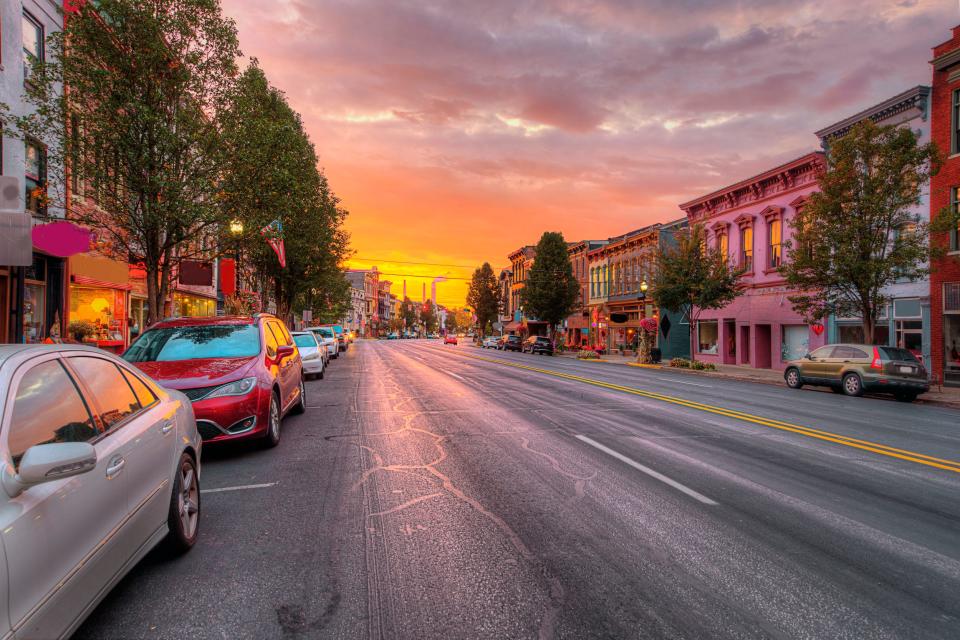 A sunset on a main street in Indiana.