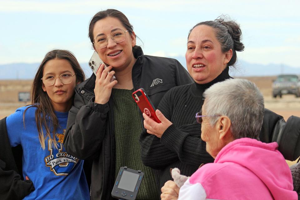 Malagon's family members, including is sister Mitzi (second from left) react after the helicopter left the helipad at UCHealth Parkview Pueblo West Hospital Monday March 11, 2024.