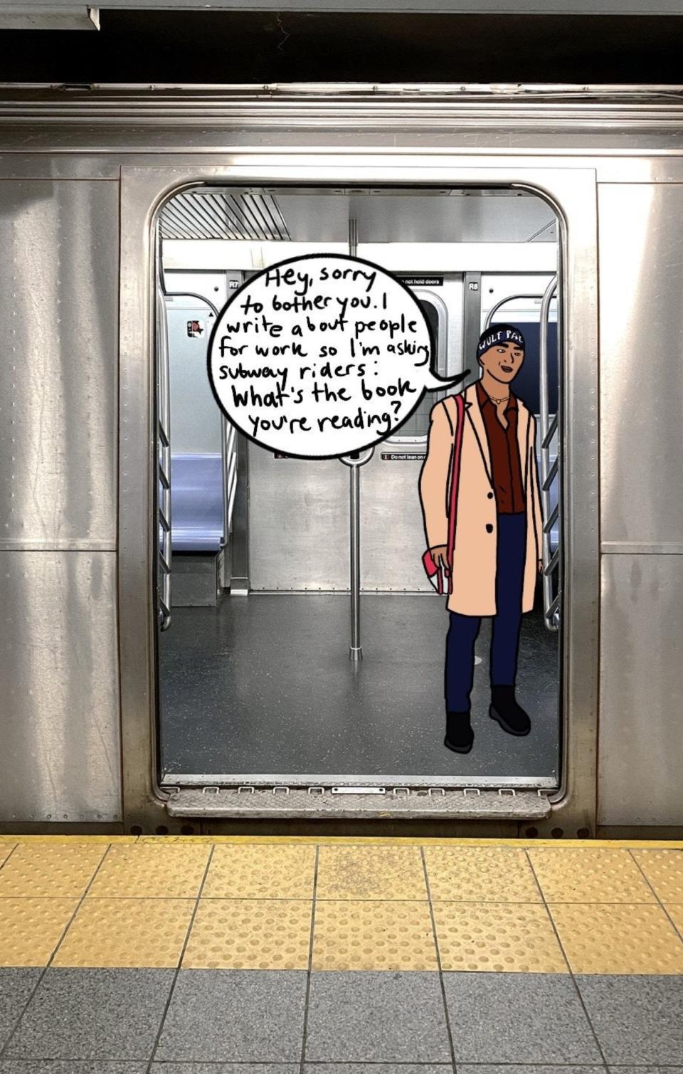 Author on subway train asking people about the books they're reading