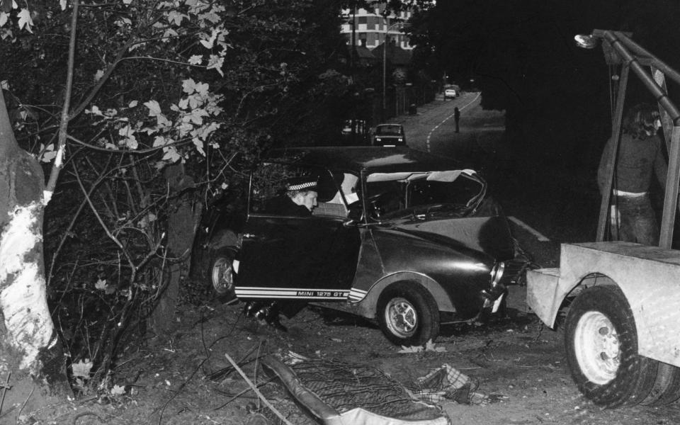 The Mini 1275 GT in which Bolan died on Barnes Common, September 16 1977. Gloria Jones, who was driving, survived with serious injuries - Maurice Hibberd/hulton