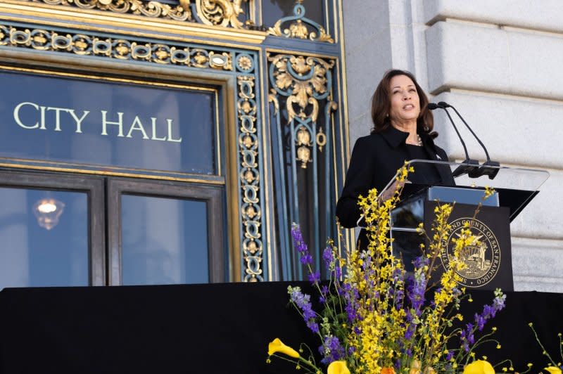 Vice President Kamala Harris makes remarks at the memorial service for Senator Dianne Feinstein at City Hall in San Francisco, Con Thursday, October 5, 2023. Feinstein died at 90. Photo by Benjamin Fanboy/UPI