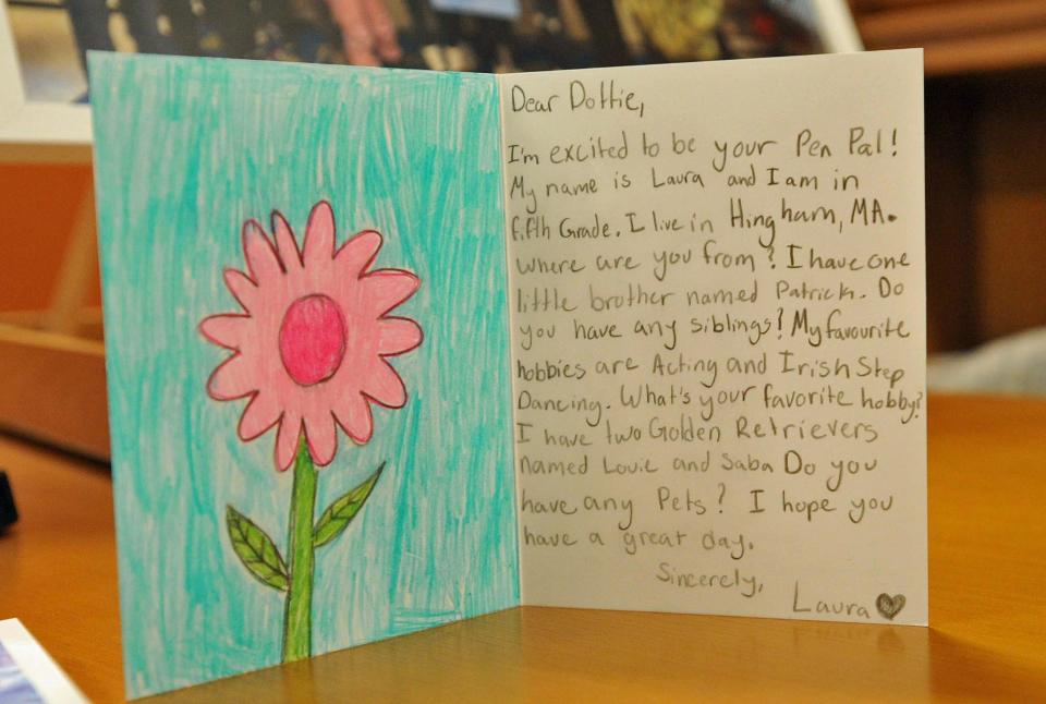 A message written by a Plymouth River School student in Hingham to a resident at The Cordwainer memory care residence in Norwell as part of a pen pal project started by Max Bohane, 15, of Hingham.