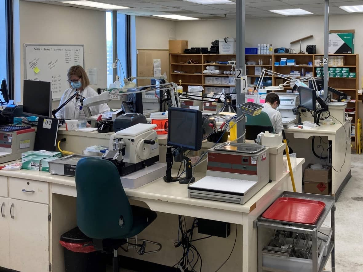 Technical specialist Charlene Sencabaugh and medical laboratory technologist Shane Weatherby work inside a pathology labs in the Mackenzie Building on the Victoria General Site in Halifax. Staff say the building needs significant upgrades in order to protect their work.  (Submitted by Dr. Laurette Geldenhuys - image credit)