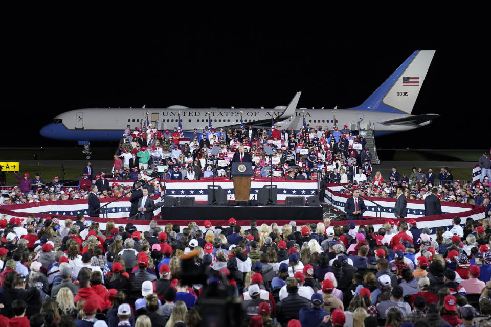 President Donald Trump speaks at a campaign rally, Saturday, Sept. 19, 2020 at the Fayetteville Regional Airport in Fayetteville, N.C. (AP Photo/Chris Carlson)