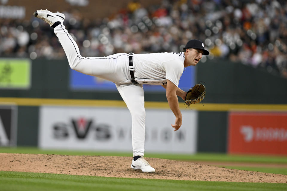 Detroit Tigers relief pitcher Beau Brieske (4) throws a pitch against the Houston Astros in the seventh inning of a baseball game, Saturday, Aug. 26, 2023 in Detroit. (AP Photo/Lon Horwedel)