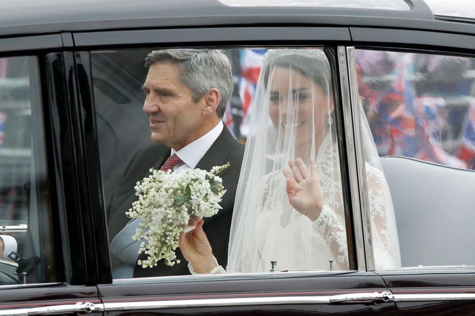 Kate Middleton arrives at Westminster Abbey in a car with her father, Michael Middleton.