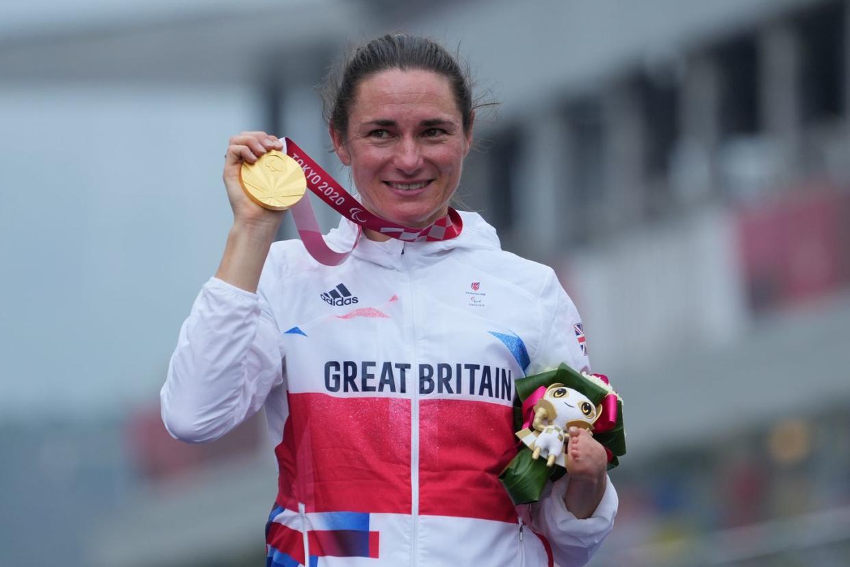 tokyo, japan august 31sarah storey of team great britain celebrates winning the gold medal during cycling road women’s c5 time trial on day 7 of the tokyo 2020 paralympic games at fuji international speedway on august 31, 2021 in tokyo, japan photo by moto yoshimuragetty images