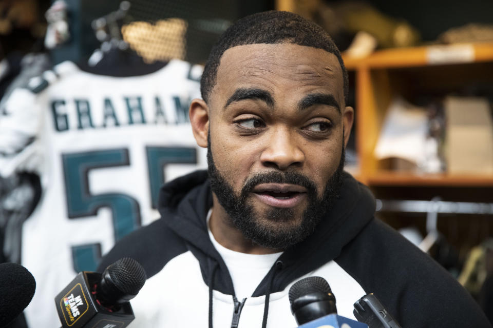 Philadelphia Eagles defensive end Brandon Graham speaks with members of the media at the NFL football team's practice facility in Philadelphia, Monday, Jan. 6, 2020. The Eagles ended their season with a 17-9 loss to the Seattle Seahawks on Sunday. (AP Photo/Matt Rourke)