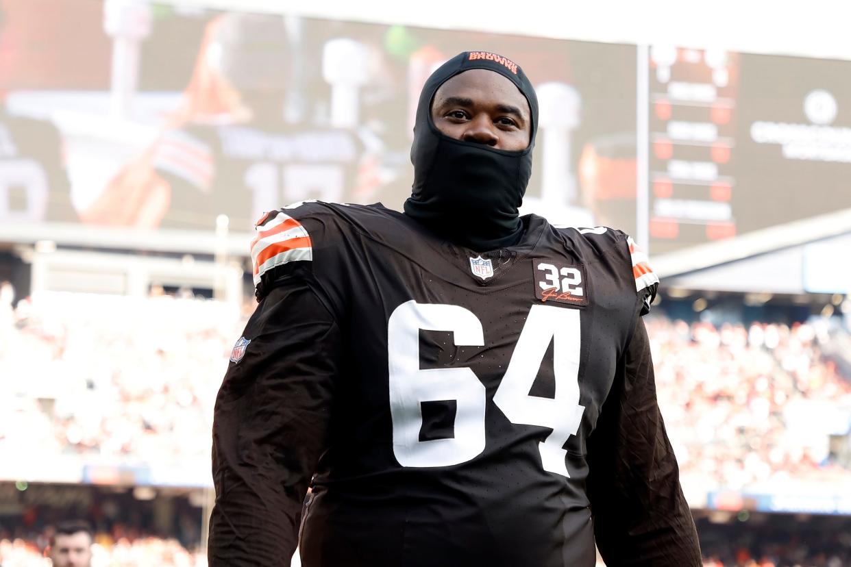 Cleveland Browns offensive tackle Geron Christian (64) walks off of the field at halftime during a game against the Pittsburgh Steelers on Nov. 19, 2023, in Cleveland.