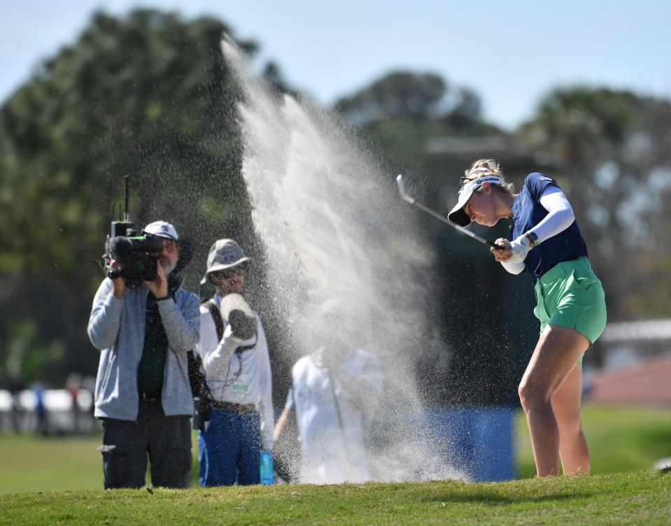 Nelly Korda, from Bradenton, Florida, hits out of a fairway bunker on the 17th hole Thursday, Jan. 25, 2024 at the LPGA Drive On Championship at the Bradenton Country Club in Bradenton, Florida.