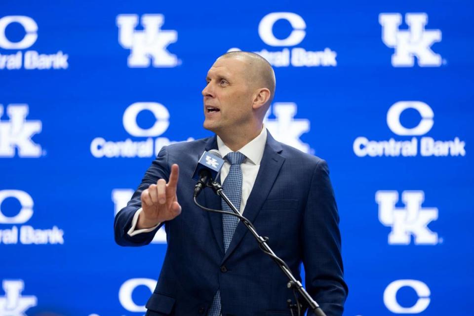 New Kentucky basketball head coach Mark Pope speaks during an introductory event at Rupp Arena on Sunday.