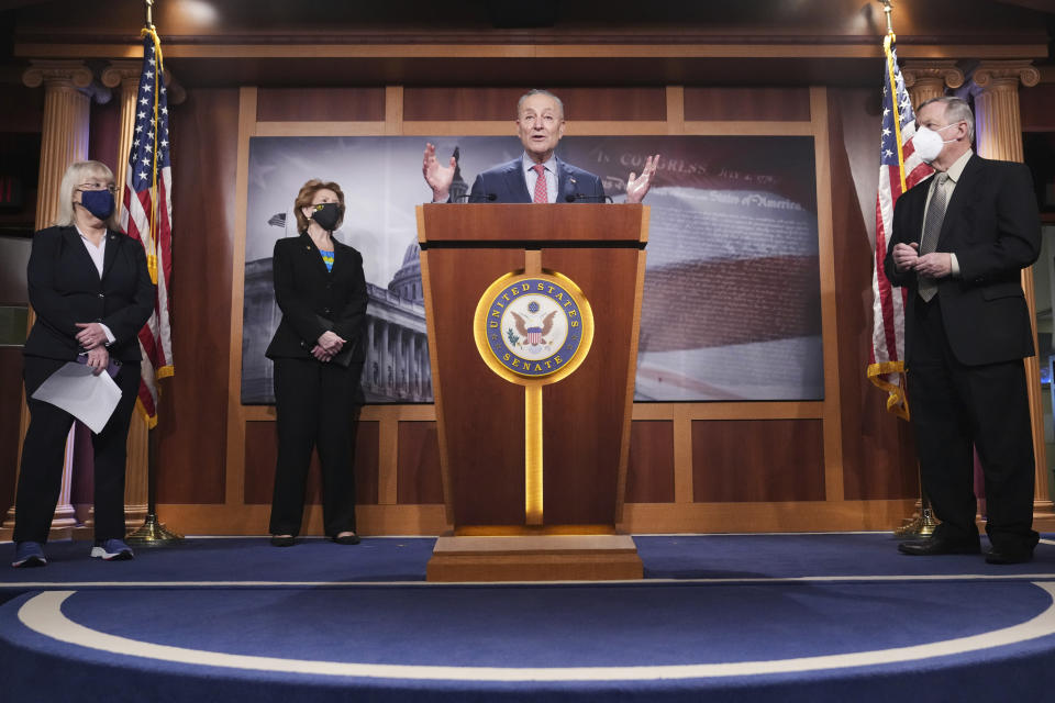 Senate Majority Leader Chuck Schumer, D-N.Y., speaks during a news conference at the Capitol in Washington, Tuesday, March 16, 2021. (Kevin Dietsch/Pool via AP)