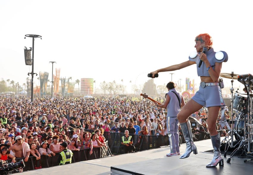 Flore Benguigui of L'Impératrice performs at the Outdoor Theatre during the 2024 Coachella Valley Music and Arts Festival at Empire Polo Club on April 12, 2024.