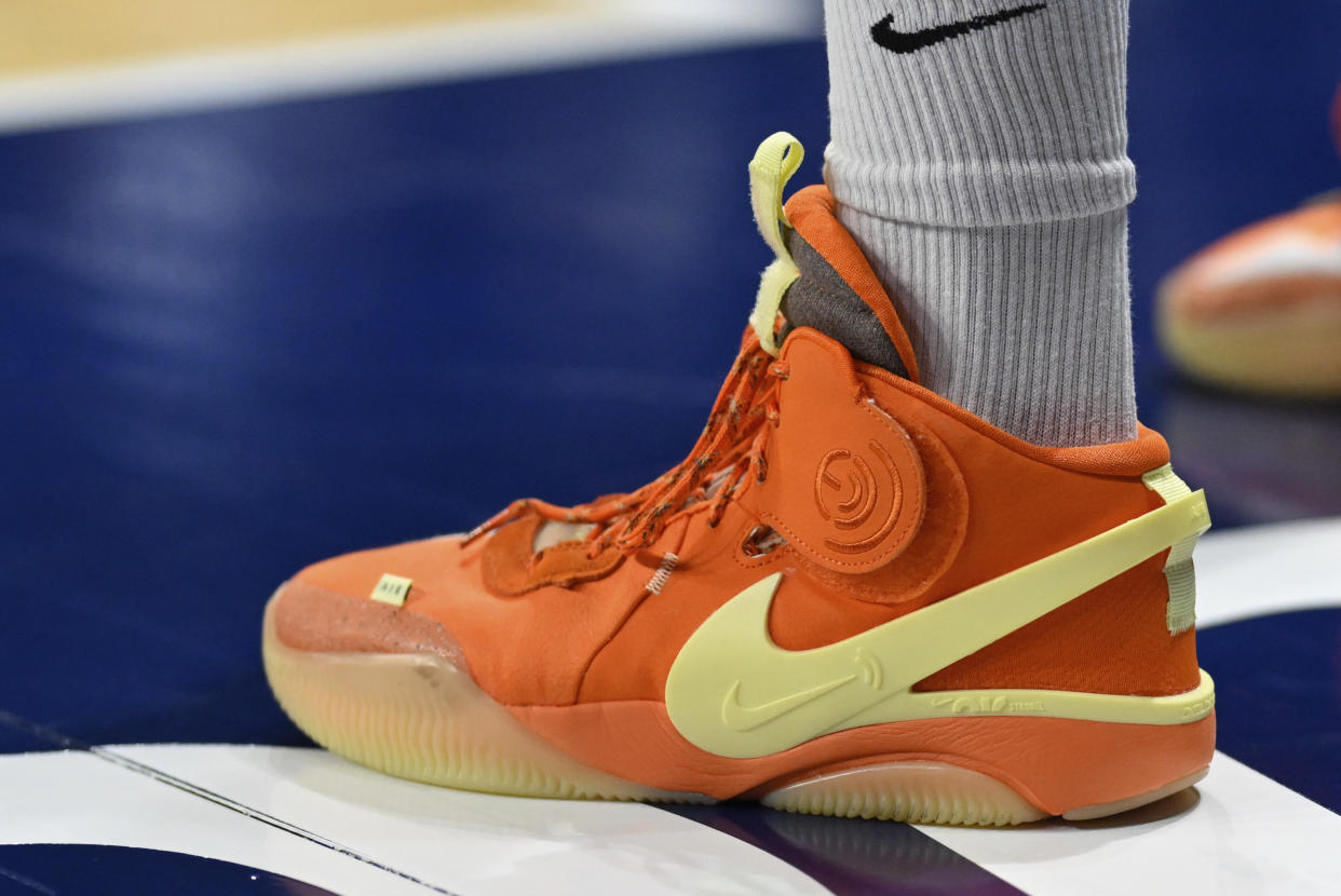 Washington Mystics' Elena Delle Donne is shown wearing her signature Nike tennis shoe before a WNBA basketball game against the New York Liberty, Friday, May 19, 2023, in Washington. (AP Photo/Terrance Williams)