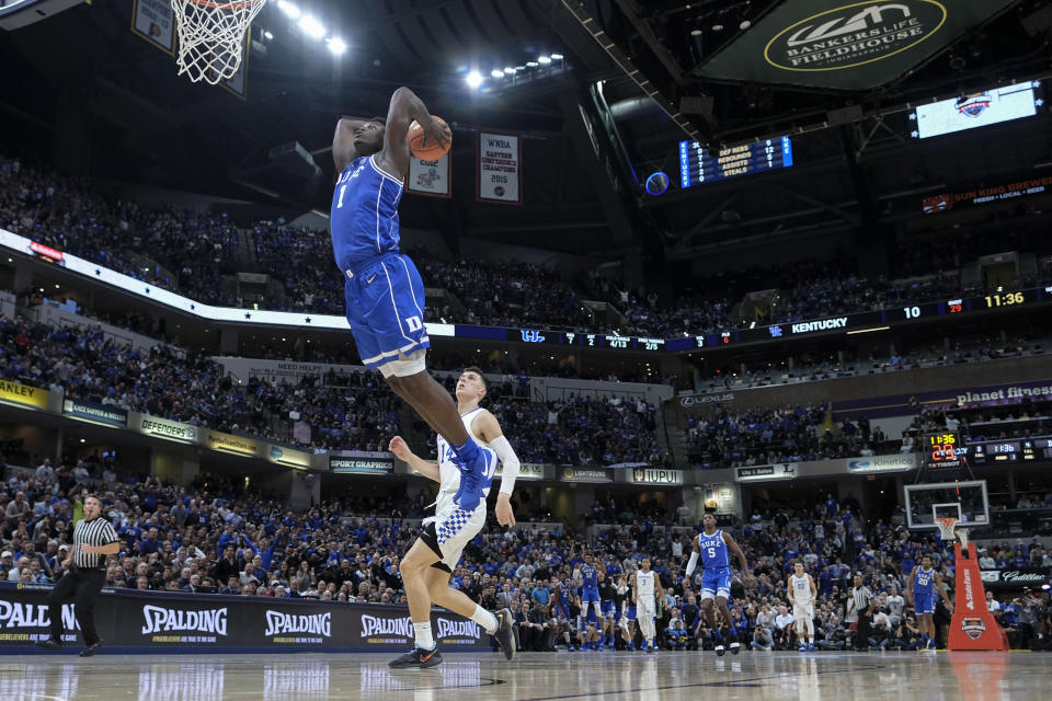 This promises to be a regular highlight in college basketball this season: Duke forward Zion Williamson goes up for a dunk. It was two of his 28 points on Tuesday against Kentucky. (AP)