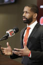 Cleveland Browns general manager Andrew Berry speaks during a news conference at the NFL football team's training facility, Wednesday, Feb. 5, 2020, in Berea, Ohio. Berry returned to the team after a one-year stint in the Philadelphia Eagles' front office. Berry was the Browns' vice president of player personnel from 2016-18. (AP Photo/Tony Dejak)