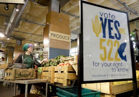 An employee stocks produce near a sign supporting a ballot initiative in Washington state that would require labeling of foods containing genetically modified crops at the Central Co-op in Seattle, Washington in this file photo taken October 29, 2013. REUTERS/Jason Redmond/Files