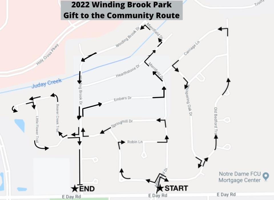 This map shows the route for 2022's annual Winding Brook lights display in Mishawaka.