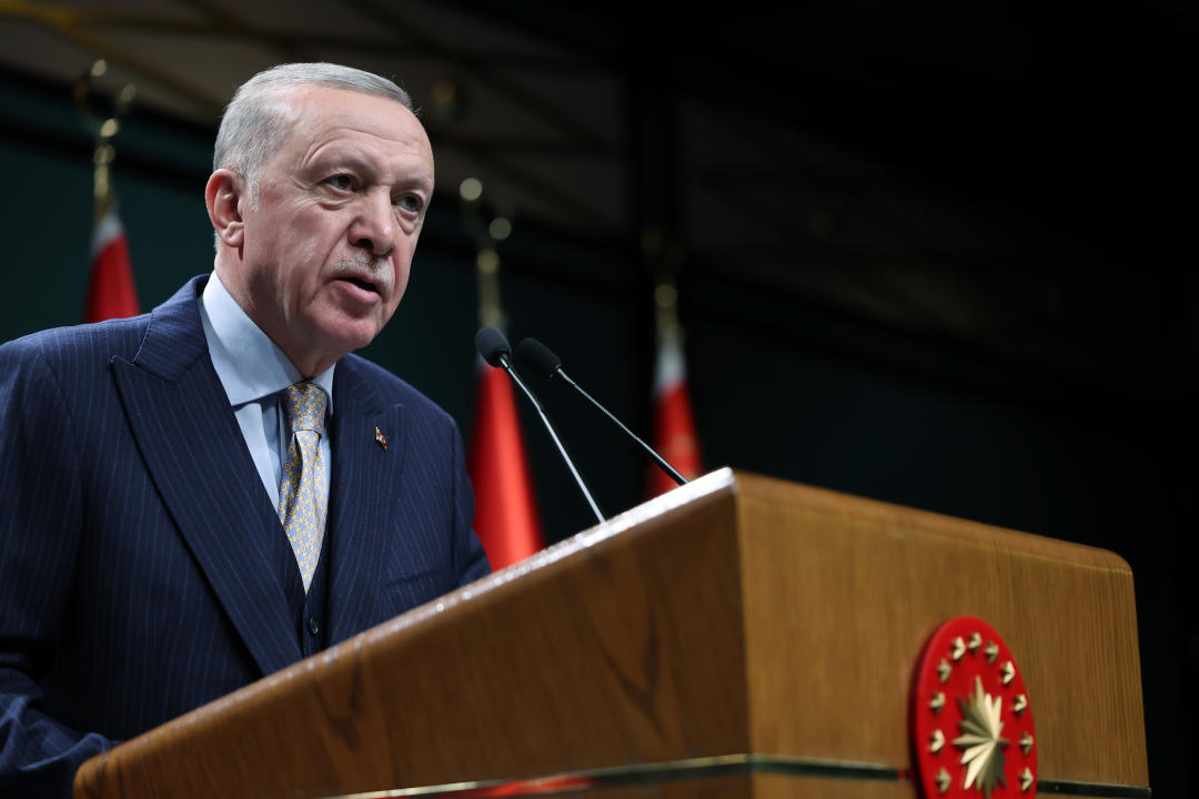 ANKARA, TURKIYE - APRIL 16: (----EDITORIAL USE ONLY - MANDATORY CREDIT - 'TURKISH PRESIDENCY / MURAT CETINMUHURDAR / HANDOUT' - NO MARKETING NO ADVERTISING CAMPAIGNS - DISTRIBUTED AS A SERVICE TO CLIENTS----) Turkish President Recep Tayyip Erdogan deliver a speech after the cabinet meeting at the Presidential Complex in Ankara, Turkiye on April 16, 2024. (Photo by TUR Presidency/Murat Cetinmuhurdar/Anadolu via Getty Images)