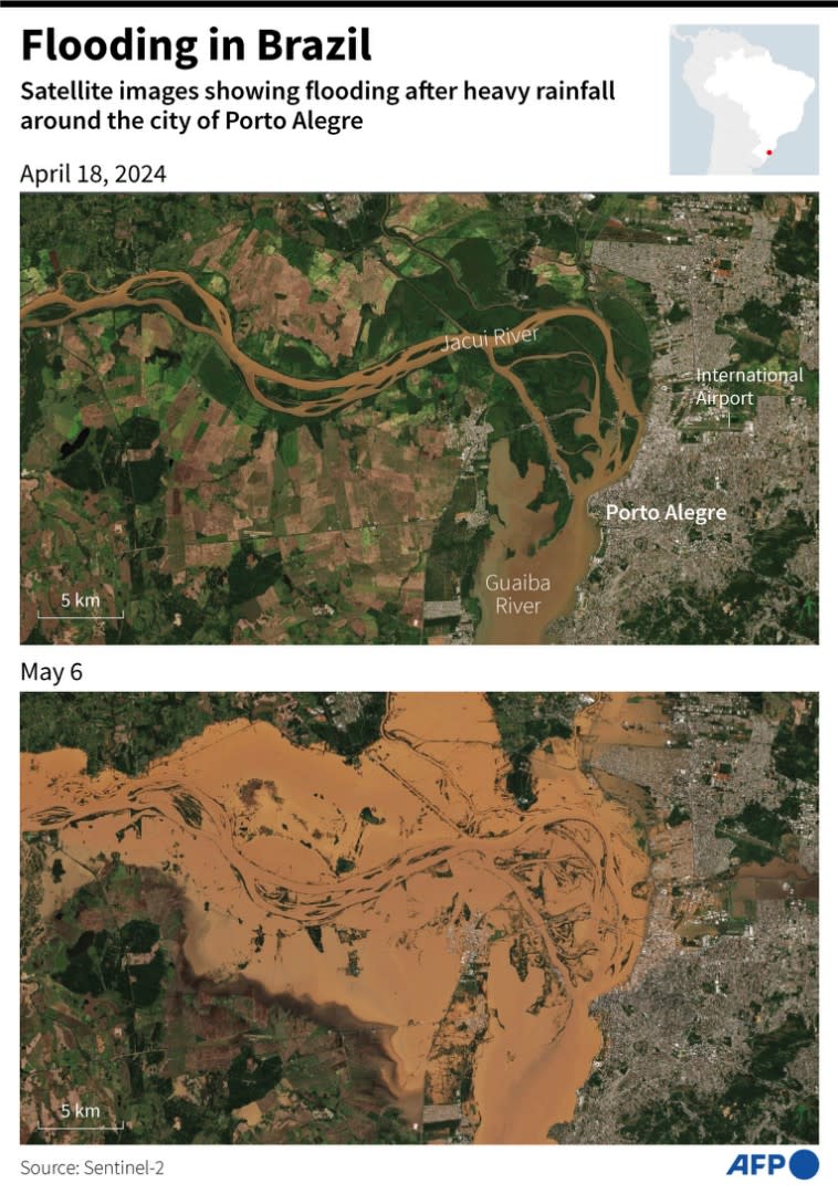 <span>Comparison of satellite images of the city of Porto Alegre, in southern Brazil, before and after the heavy rains which caused flooding and left dozens dead</span><div><span>Guillermo RIVAS PACHECO</span><span>Paz PIZARRO</span><span>AFP</span></div>
