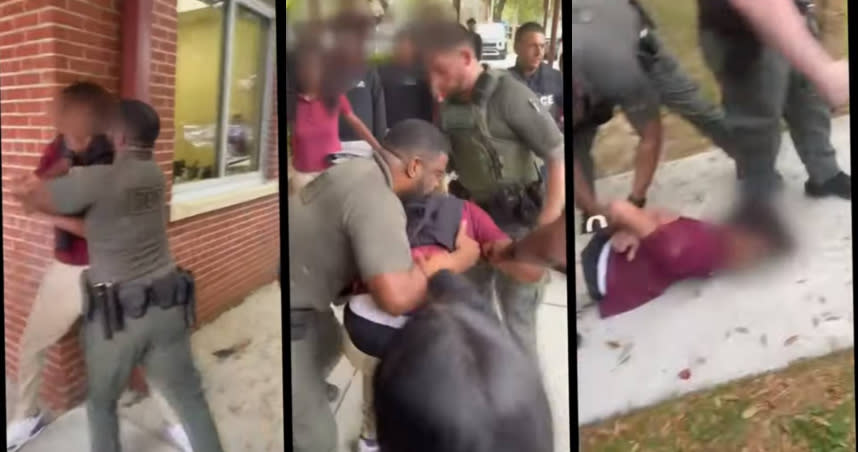 美國路易斯安那州一間學校發生嚴重鬥毆事件，逼到警方也下場參戰控制鬥毆群眾。（圖／翻攝自YouTube）