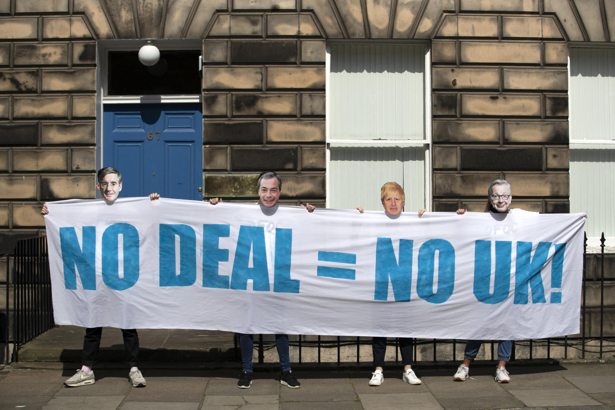 Young activists from Our Future, Our Choice held a protest outside the Scottish Conservative's HQ in Edinburgh to warn that a no-deal Brexit threatens the future of the Union. (Photo by Jane Barlow/PA Images via Getty Images)