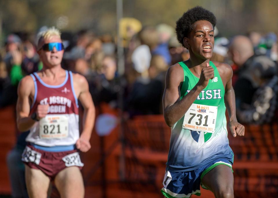 Peoria Notre Dame's Maxwell Kirby cruises to a 20th-place finish, leading the Irish to a seventh-place team finish in the Class 1A boys state cross country championship Saturday, Nov. 4, 2023 at Detweiller Park in Peoria.