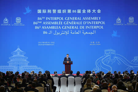 Chinese President Xi Jinping speaks during the 86th INTERPOL General Assembly at Beijing National Convention Center on September 26, 2017 in Beijing, China. REUTERS/Lintao Zhang/Pool