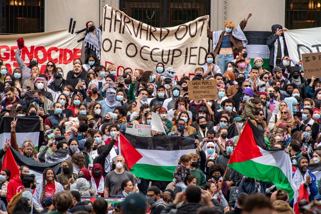 Supporters of Palestine gather at Harvard University to show their support for Palestinians in Gaza at a rally in Cambridge, Massachusetts, on October 14, 2023. Thousands of Palestinians sought refuge on October 14 after Israel warned them to evacuate the northern Gaza Strip before an expected ground offensive against Hamas, one week on from the deadliest attack in Israeli history. (Photo by Joseph Prezioso / AFP) (Photo by JOSEPH PREZIOSO/AFP via Getty Images)