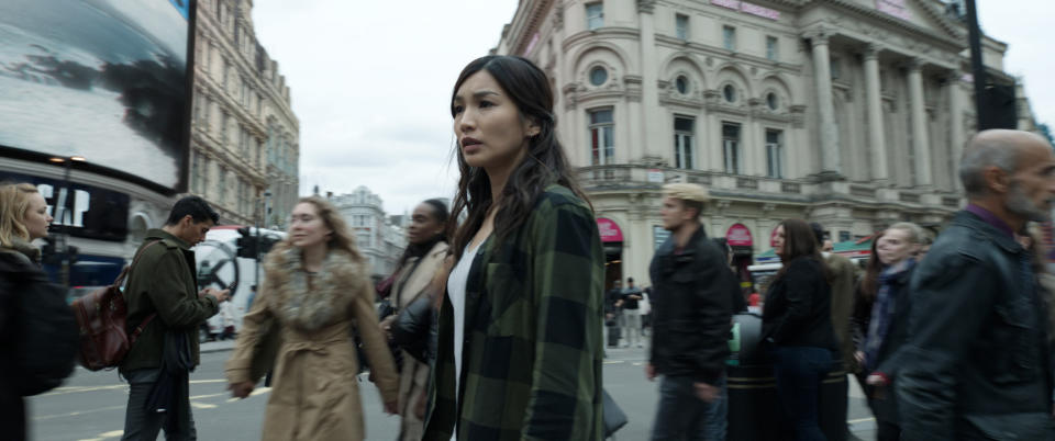 This image released by Marvel Studios shows Gemma Chan in a scene from "Eternals." (Marvel Studios via AP)