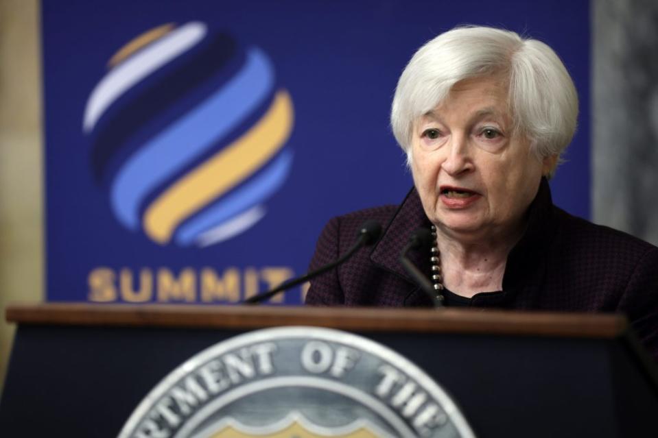 WASHINGTON, DC - MARCH 28: U.S. Secretary of the Treasury Janet Yellen delivers opening remarks during an event highlighting “anti-corruption work as a cornerstone of a fair, accountable, and democratic economy” as part of the 2023 Summit for Democracy at the Treasury Department on March 28, 2023 in Washington, DC. Prior to the event, Secretary Yellen spoke to experts in the field during a panel discussion on corruption. (Photo by Alex Wong/Getty Images)